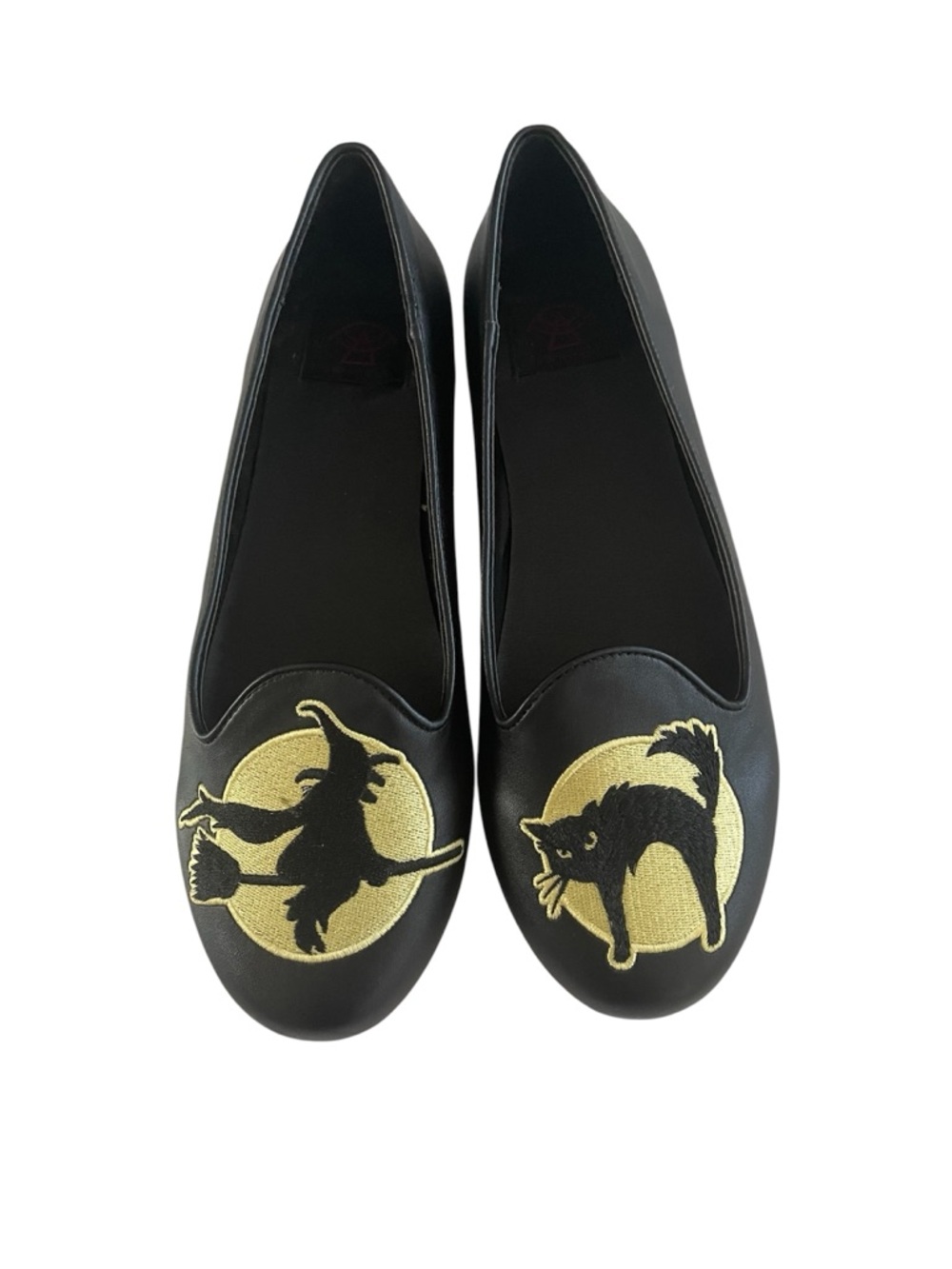 Strange Cvlt Black Leather Flats with Gold Halloween Motif